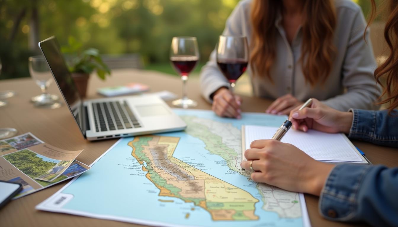 red-brick-winery-trip-planning planning a Napa Valley wine tour with a map, laptop, and brochures at Red Brick Winery.