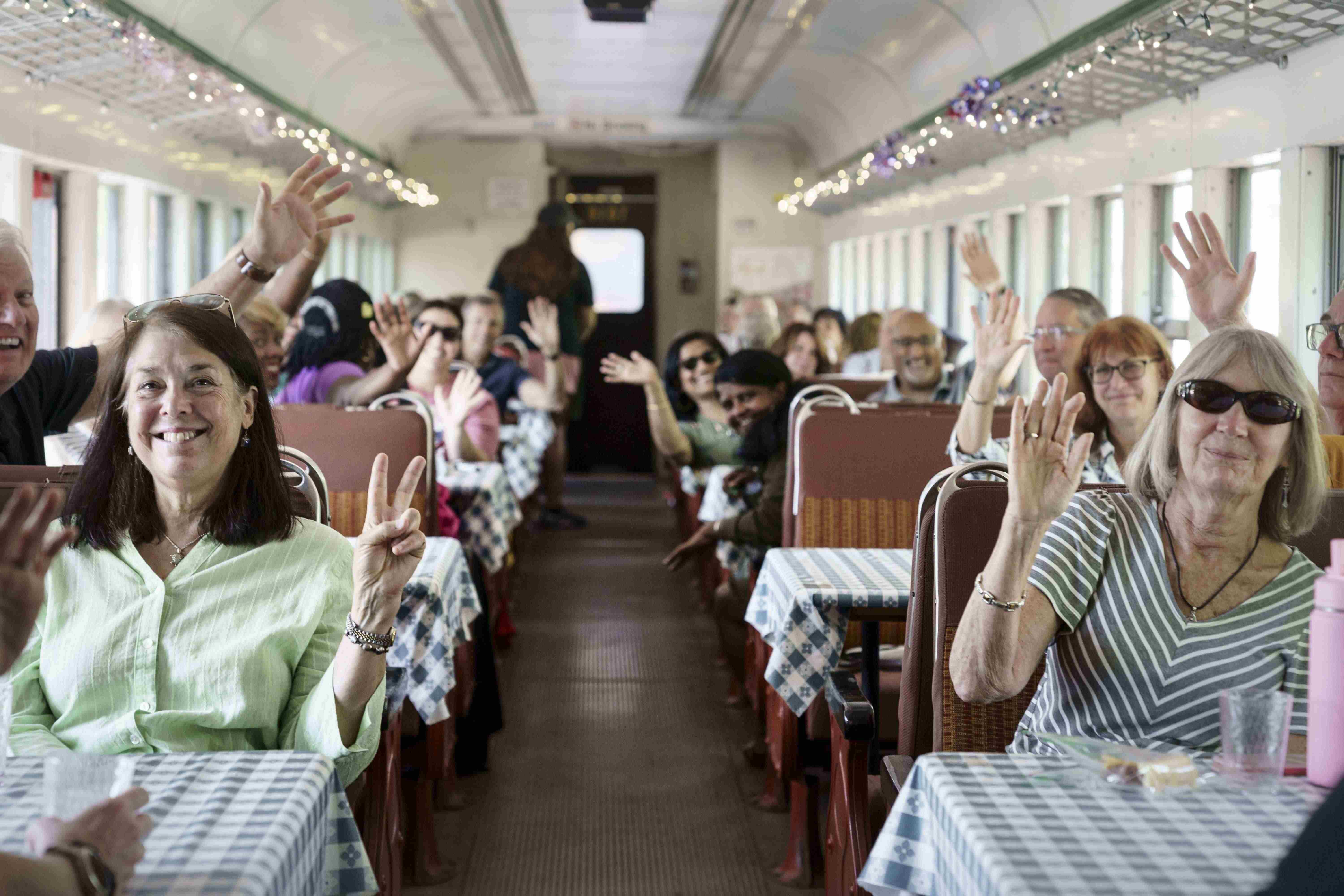 train-event-outdoor-celebration Participants enjoying a scenic train event outdoors, with people gathered near the train and celebrating the occasion in a lively atmosphere.