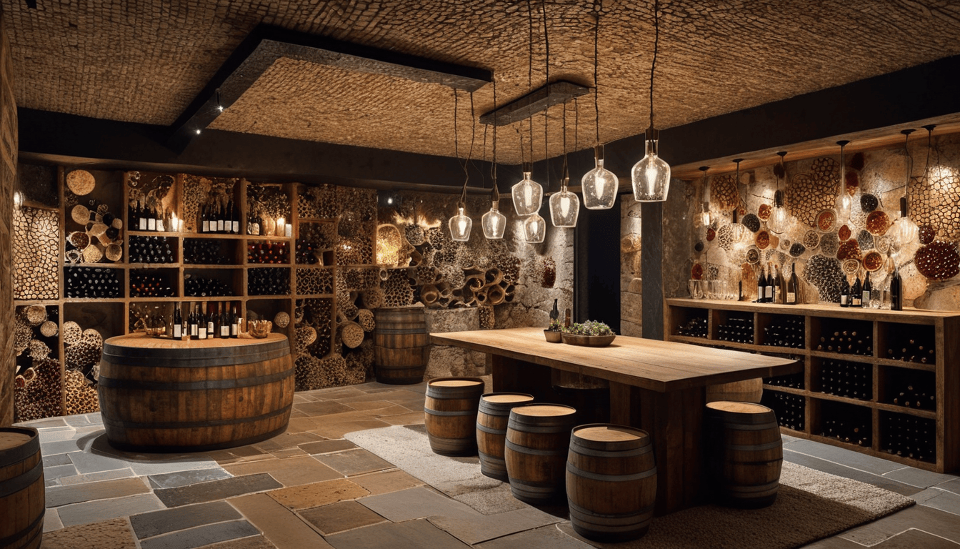 Winery cellar with wine barrels at Red Brick Winery, showcasing a rustic wine storage and tasting area