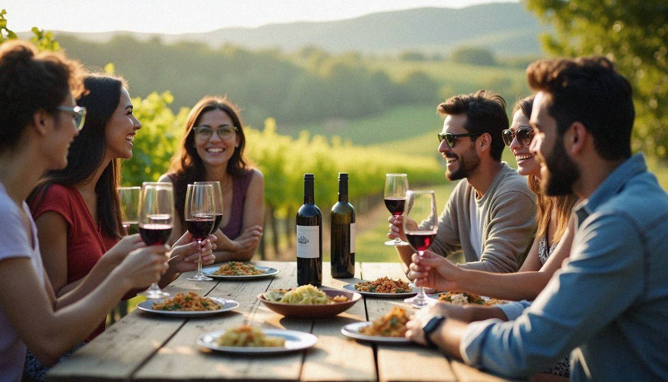 Friends enjoying a memorable wine tasting experience at Napa Valley's Red Brick Winery, surrounded by lush vineyards and golden-hour beauty