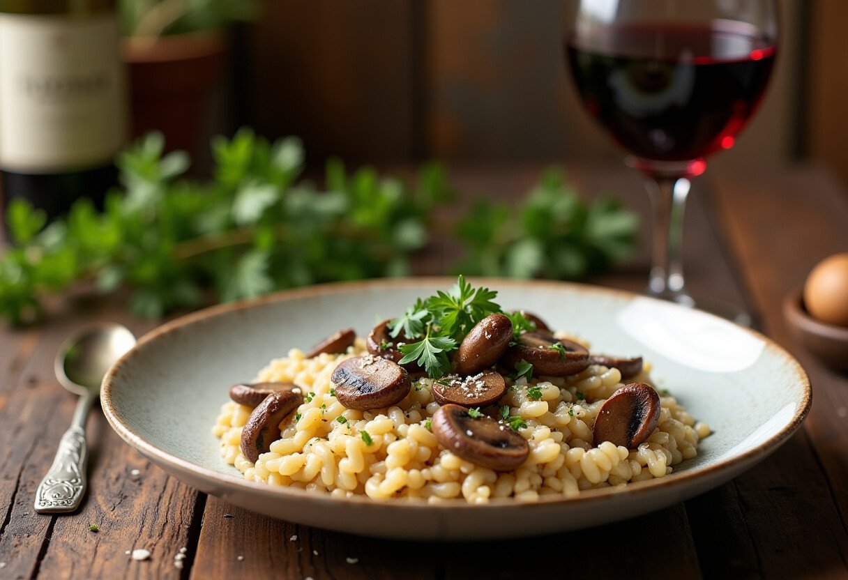 Wild Mushroom Risotto with Merlot Pairing – Red Brick Winery A beautifully plated wild mushroom risotto paired with a glass of Red Brick Winery’s Merlot.