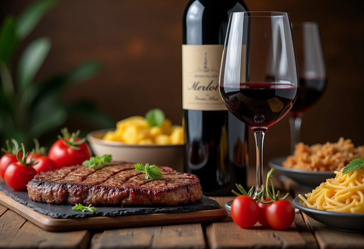 A close-up of a perfectly grilled steak, ripe cherry tomatoes, and a glass of Red Brick Winery’s Merlot, ideal for a gourmet experience.
